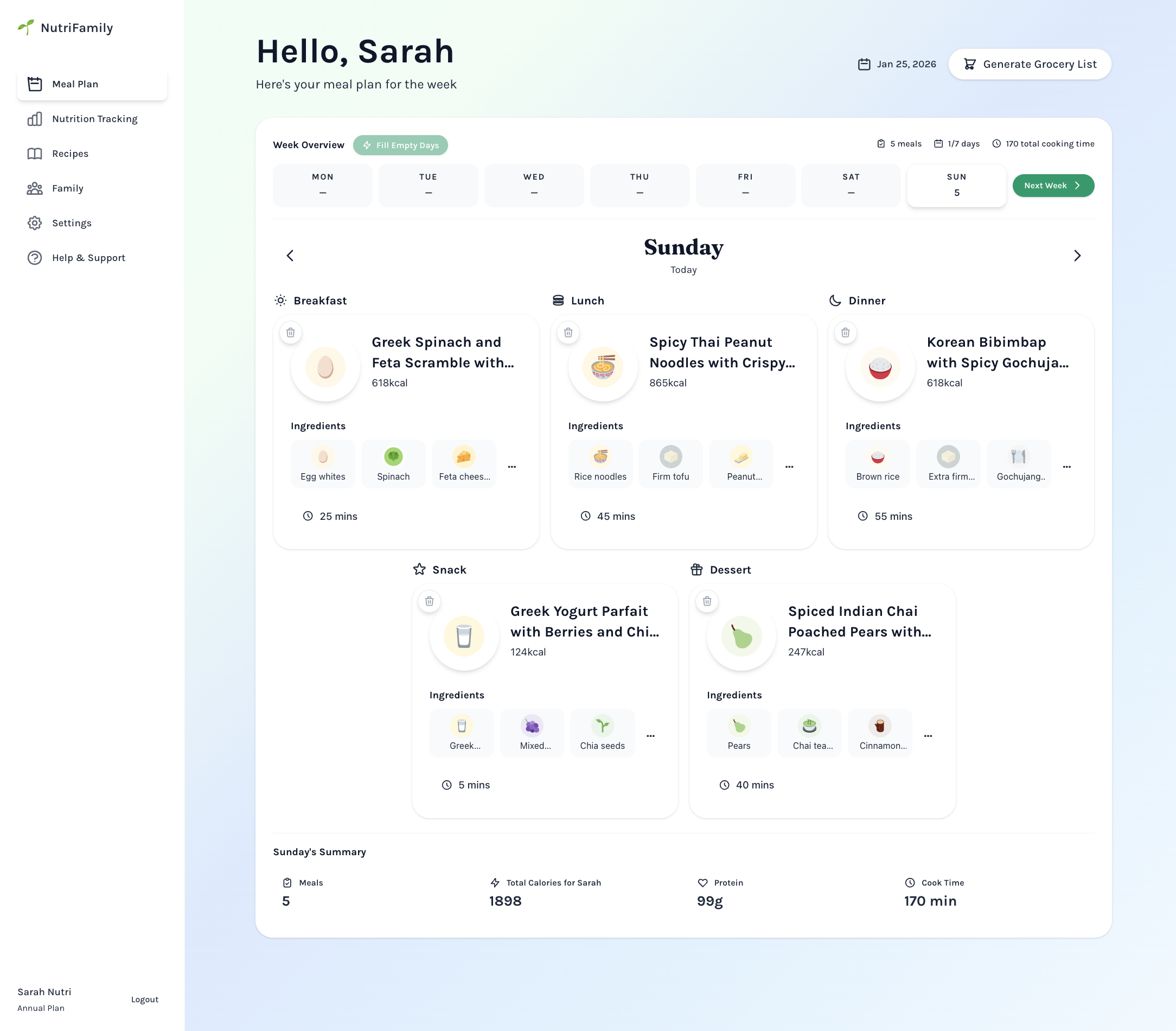NutriFamily desktop application showing meal planning interface with family profiles and recipe recommendations